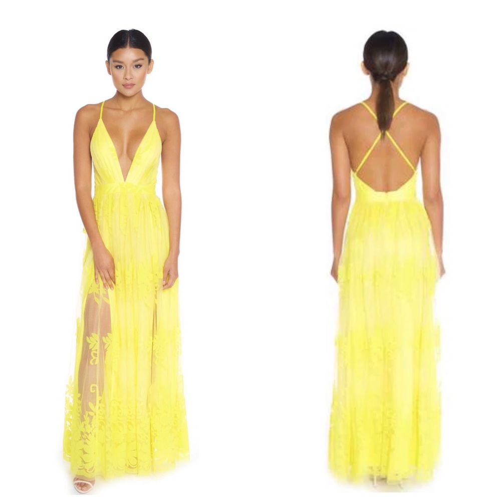 Luxxel | Lace Mesh Maxi Dress | Yellow | Small